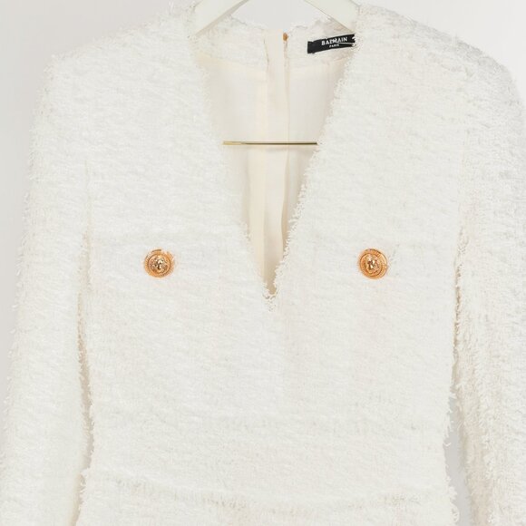 Balmain White Tweed Button-Embellished Long-Sleeve Mini Dress - Picture 4 of 13